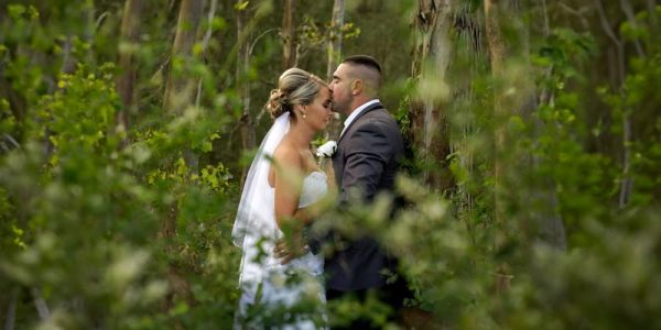 bride and groom after forest wedding